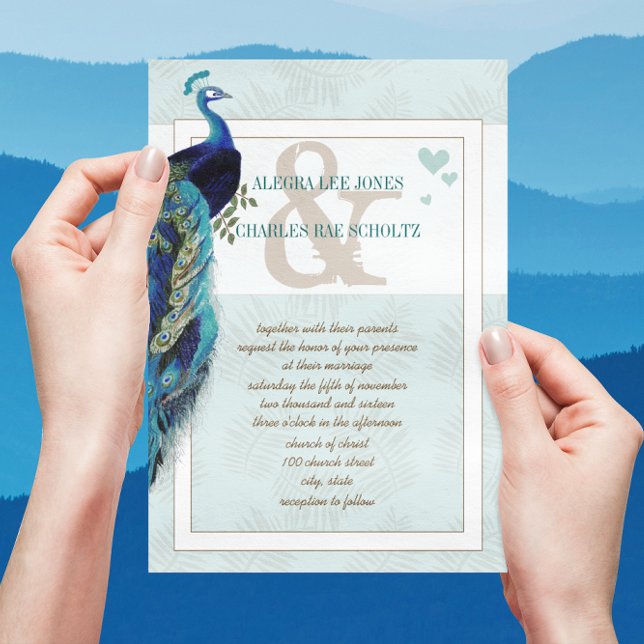 Convite de Casamento Peacock Azul Água e Azul Mari (Criador carregado)
