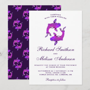 Convite de Casamento Peixe Koi Roxo Elegante