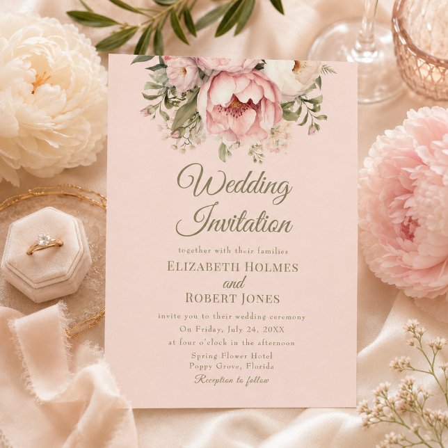 Convite de Casamento Peônia Beijo Empoeirado (Dusty Blush Peony Wedding Invitation)