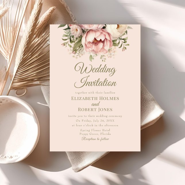 Convite de Casamento Peônia Rosa Empoeirado (Soft Peach and Blush Floral Wedding Invitation on a neutral boho wedding invitation.)