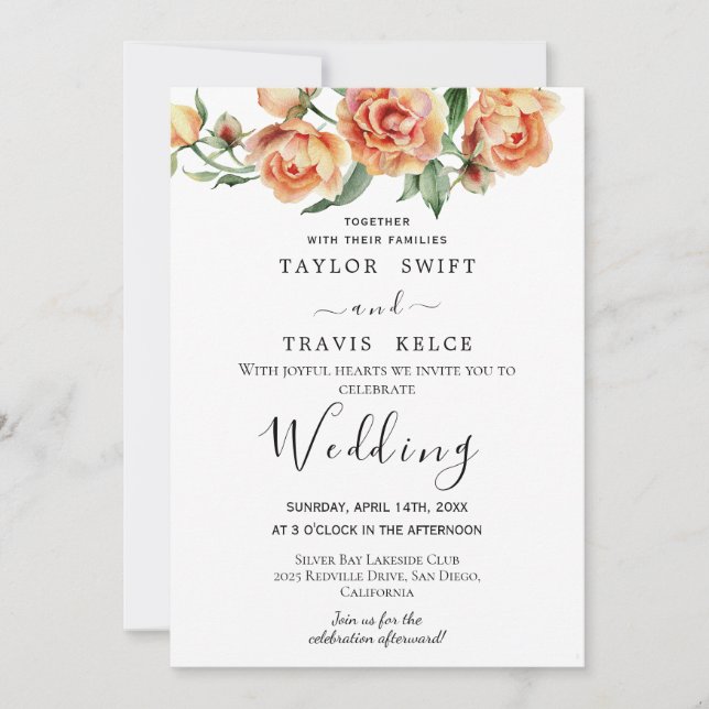 Convite de Casamento Peônia Rosa Pêssego (Frente)