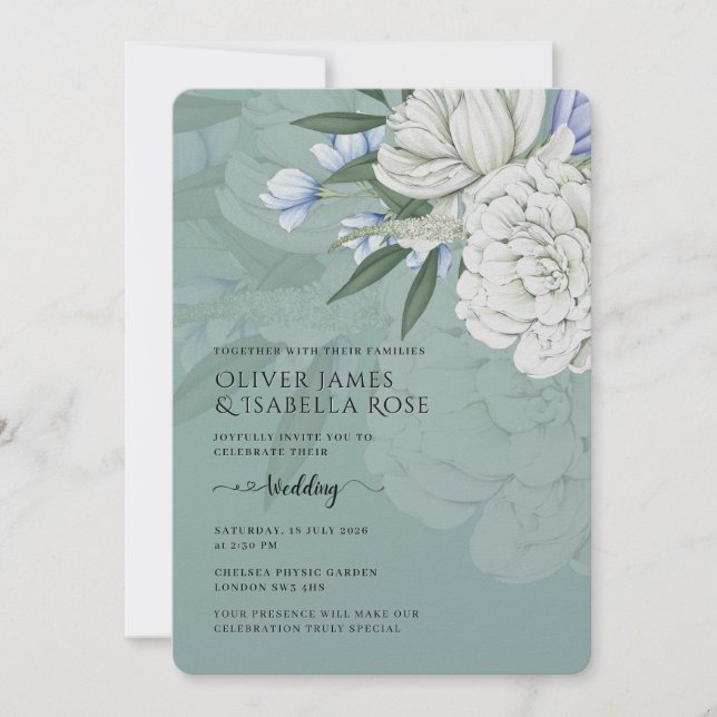 Convite de Casamento | Peônias Brancas e Verde Sag (Frente)