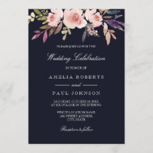 Convite de Casamento Peônias em Aquarela Rosa Azul