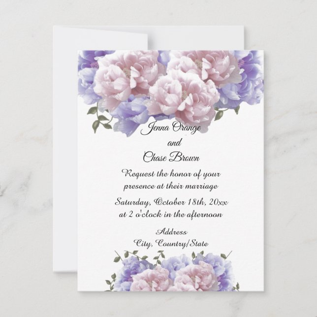 Convite de Casamento Peônias Rosa e Roxo (Frente)