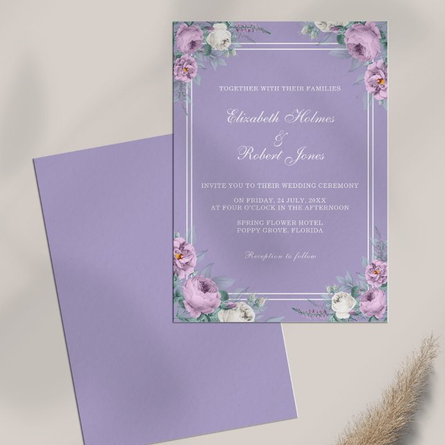 Convite de Casamento Peônias Roxas Lavanda (Lavender Purple Peonies Wedding Invitation on white table.)