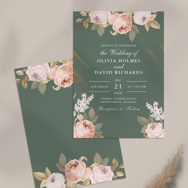 Convite de Casamento Peônias Verde Salvia Boêmio (Bohemian Sage Green Peonies Wedding Invitation on table)