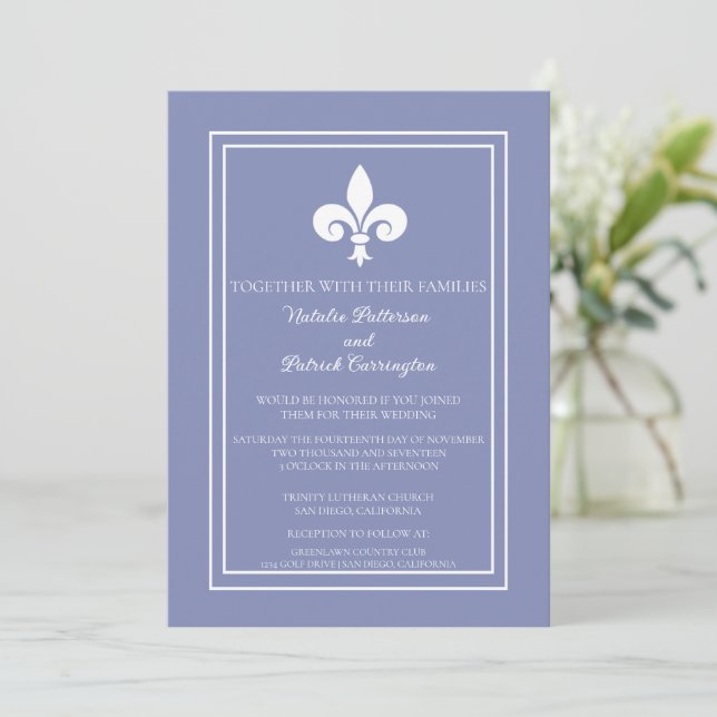 Convite De Casamento Periwinkle Fleur De Lis (Em pé/Frente)