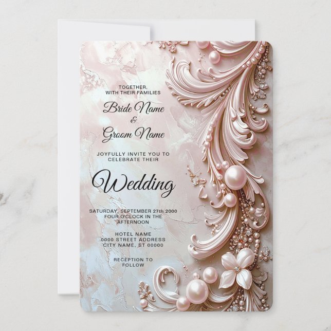 Convite de Casamento Pérola e Floral Rosa Ornament (Frente)