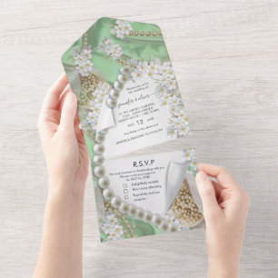 Convite de Casamento Pérolas Marfim-Verde-Dourado