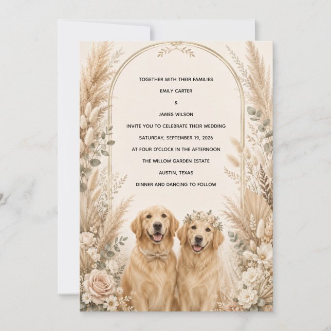 Convite de Casamento Personalizado Boho Golden Ret (Frente)