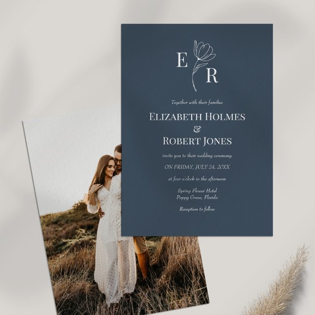 Convite de Casamento Personalizado com Foto e Mono (Slate Blue Floral Monogram Custom Photo Wedding Invitation on white tabel with dry wildflower.)