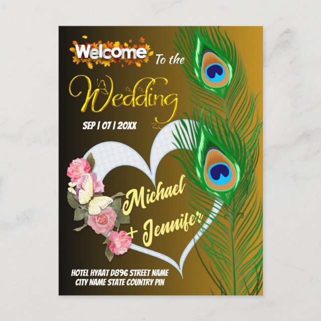 Convite de Casamento Personalizado com Pena de Pav (Frente)