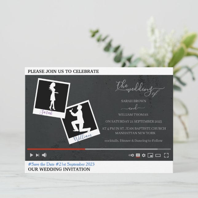 Convite de casamento personalizado com tema Youtub (Em pé/Frente)