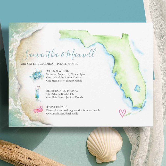 Convite de casamento Personalizado da Florida Beac (Florida invitations for Weddings on the beach designed with a watercolor map and shoreline)