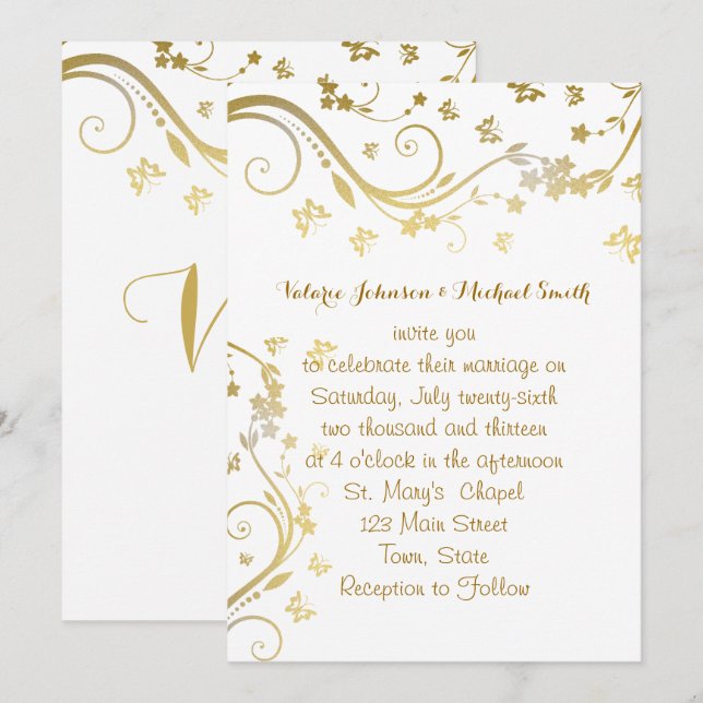 Convite de Casamento Personalizado em Dourado Eleg (Frente/Verso)