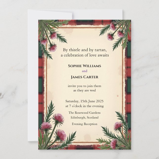 Convite de Casamento Personalizado Escocês Thistle (Frente)