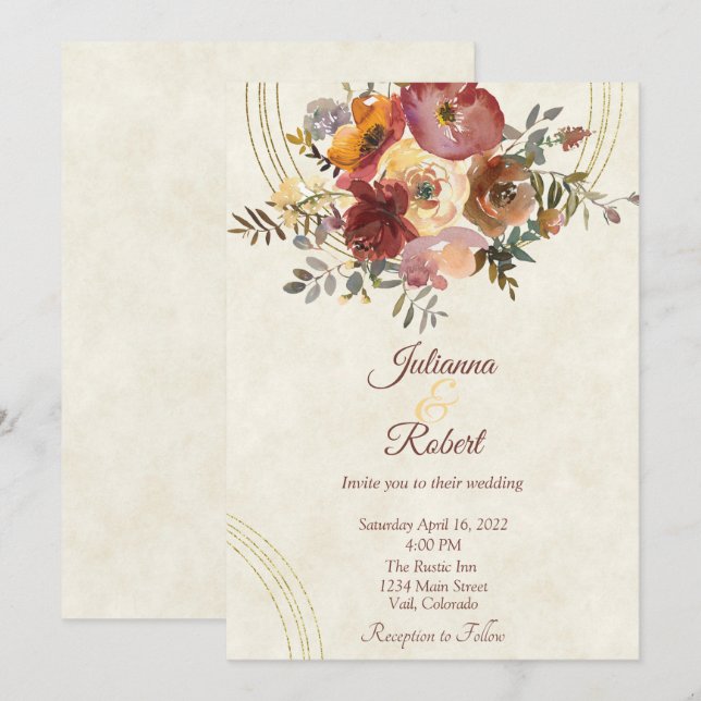 Convite de casamento personalizado floral e dourad (Frente/Verso)