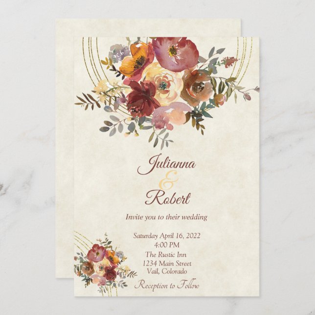 Convite de casamento personalizado floral e dourad (Frente/Verso)