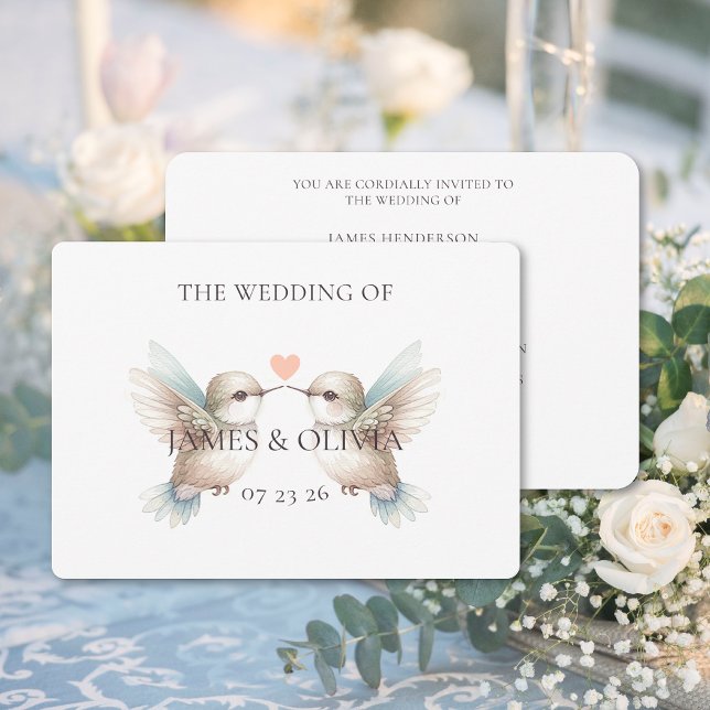 Convite de Casamento Personalizado Horizontal Beij (Cute Hummingbird Wedding Horizontal Invitation (front and back))