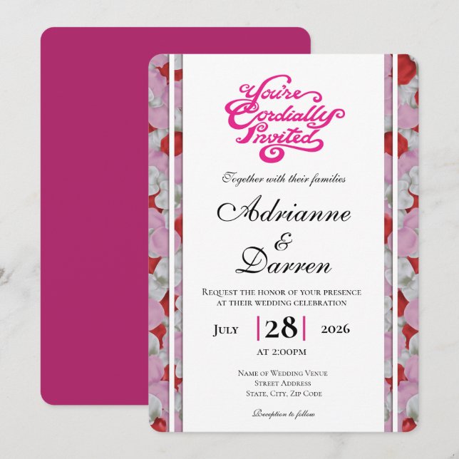 Convite de Casamento Pétala de Rosa 3 com Letras R (Frente/Verso)