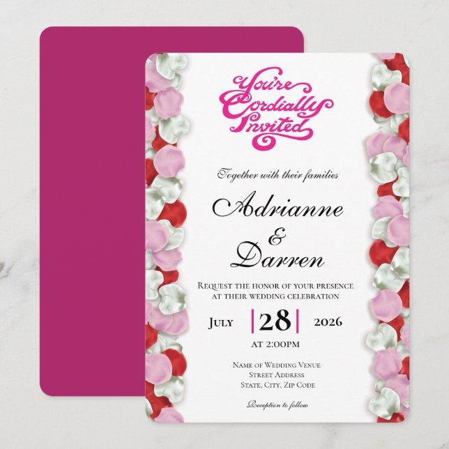 Convite de Casamento Pétala de Rosa 4 com Letras R (Frente/Verso)