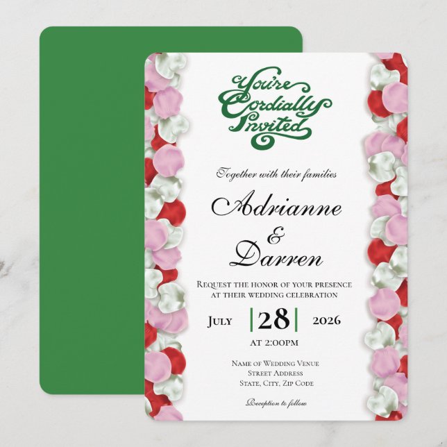 Convite de Casamento Pétala de Rosa 4 com Letras V (Frente/Verso)