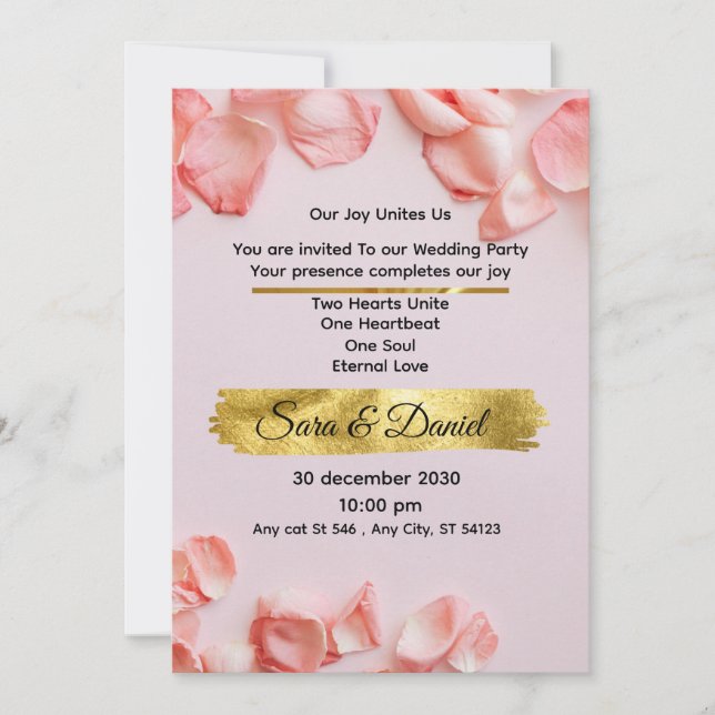 Convite de Casamento Pétalas de Rosa Rosa Romântic (Frente)