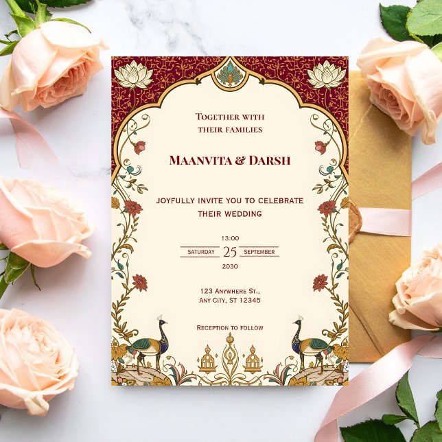 Convite de Casamento Pichwai com Lótus e Pavão Ind (Criador carregado)