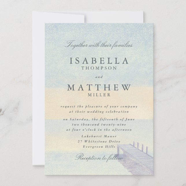 Convite de Casamento Pier à Beira-Mar em Aquarela (Frente)
