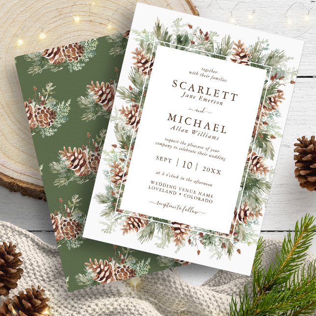 Convite de Casamento Pine de Inverno (Winter Outdoors Watercolor Pine Greenery Wedding Invitation by Painted Paperie
)