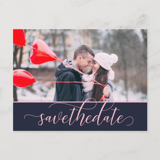 Convite de Casamento Pink and Navy Ornate Script 2 (Frente)