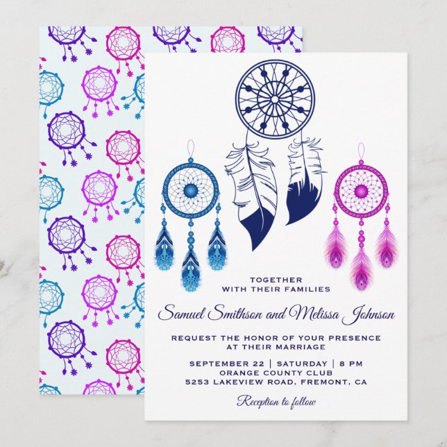 Convite de Casamento Pink Blue Dream Catcher (Frente/Verso)