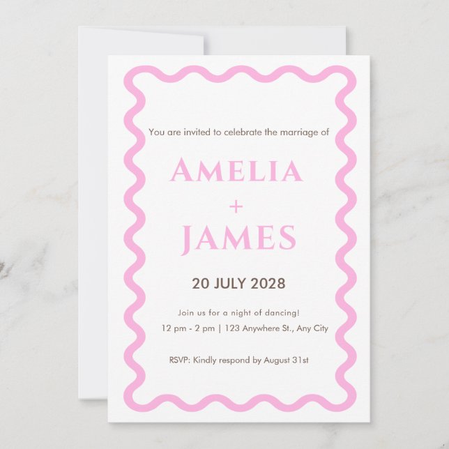 convite de casamento Pink Doodle ondulado (Frente)
