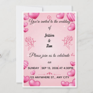 Convite de Casamento Pink Hearts e Cupidos