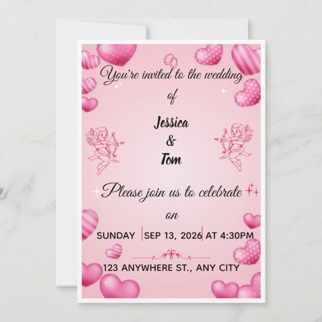Convite de Casamento Pink Hearts e Cupidos (Frente)