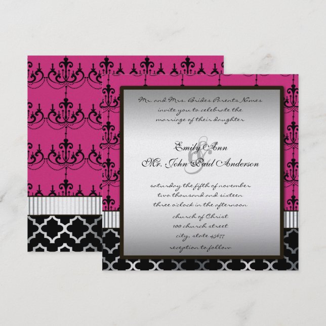 Convite de Casamento Pink Silver & Black Chandelie (Frente/Verso)