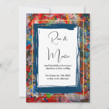 Convite de Casamento - Pintura Abstrata - Azul e D