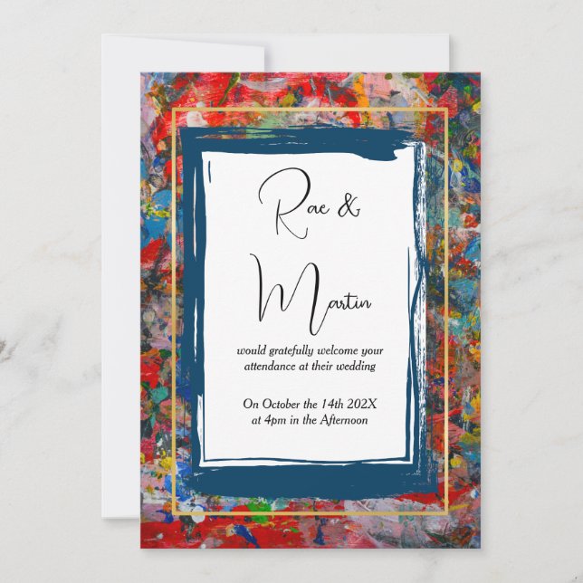 Convite de Casamento - Pintura Abstrata - Azul e D (Frente)