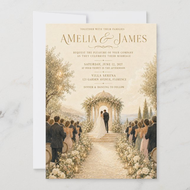 Convite de Casamento Pintura Vila Italiana Dourada (Frente)