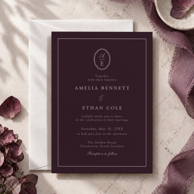 Convite de Casamento Plum Noir Monogram Estate (Criador carregado)