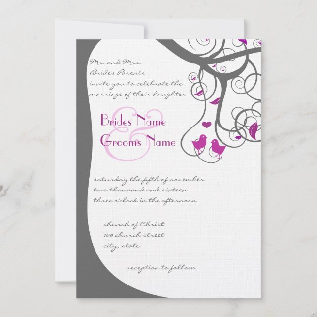 Convite de Casamento Plum Tree Swirl Plum Love Bir (Frente)