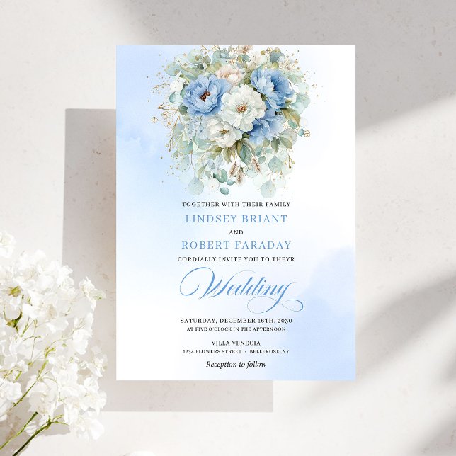 Convite de Casamento Poeira Azul Branco Peônia Boê (Bohemian Dusty Blue White Peony Wedding Invitation)