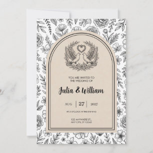Convite de Casamento Pombo Botânico Preto e Branco