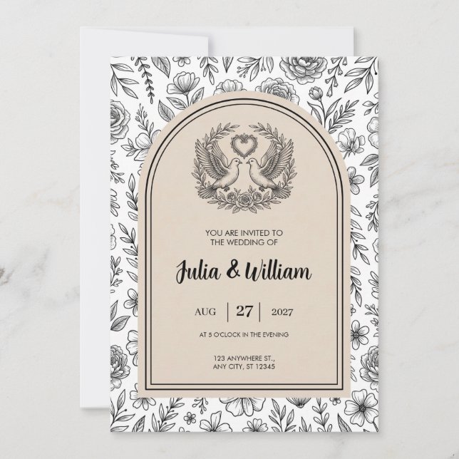 Convite de Casamento Pombo Botânico Preto e Branco (Frente)