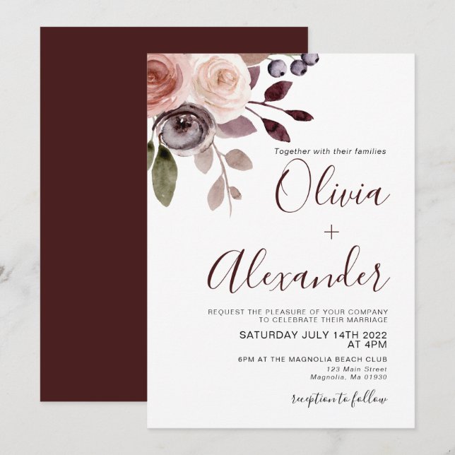 Convite De Casamento Por Aquarela Floral De Queda  (Frente/Verso)