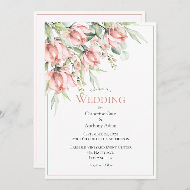 Convite De Casamento Por Aquarela Floral Elegante (Frente/Verso)
