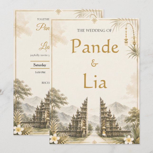 Convite de Casamento Portão de Bali Elegante (Frente/Verso)