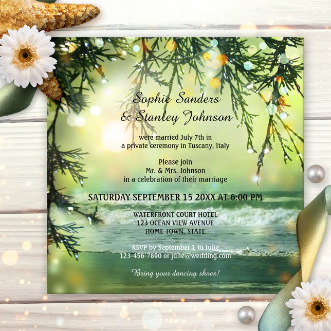 Convite de casamento pós-festa ou depois do casame (Wedding reception only invitation featuring a painting of an ocean with sparkling bokeh lights)