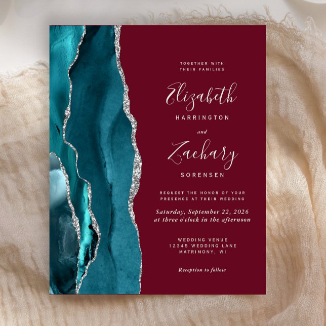 Convite de Casamento Prata Ágata Burgundy Teal Orç (Criador carregado)