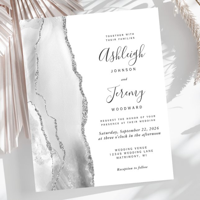 Convite de Casamento Prata Branco Agate Cinza Orça (Criador carregado)